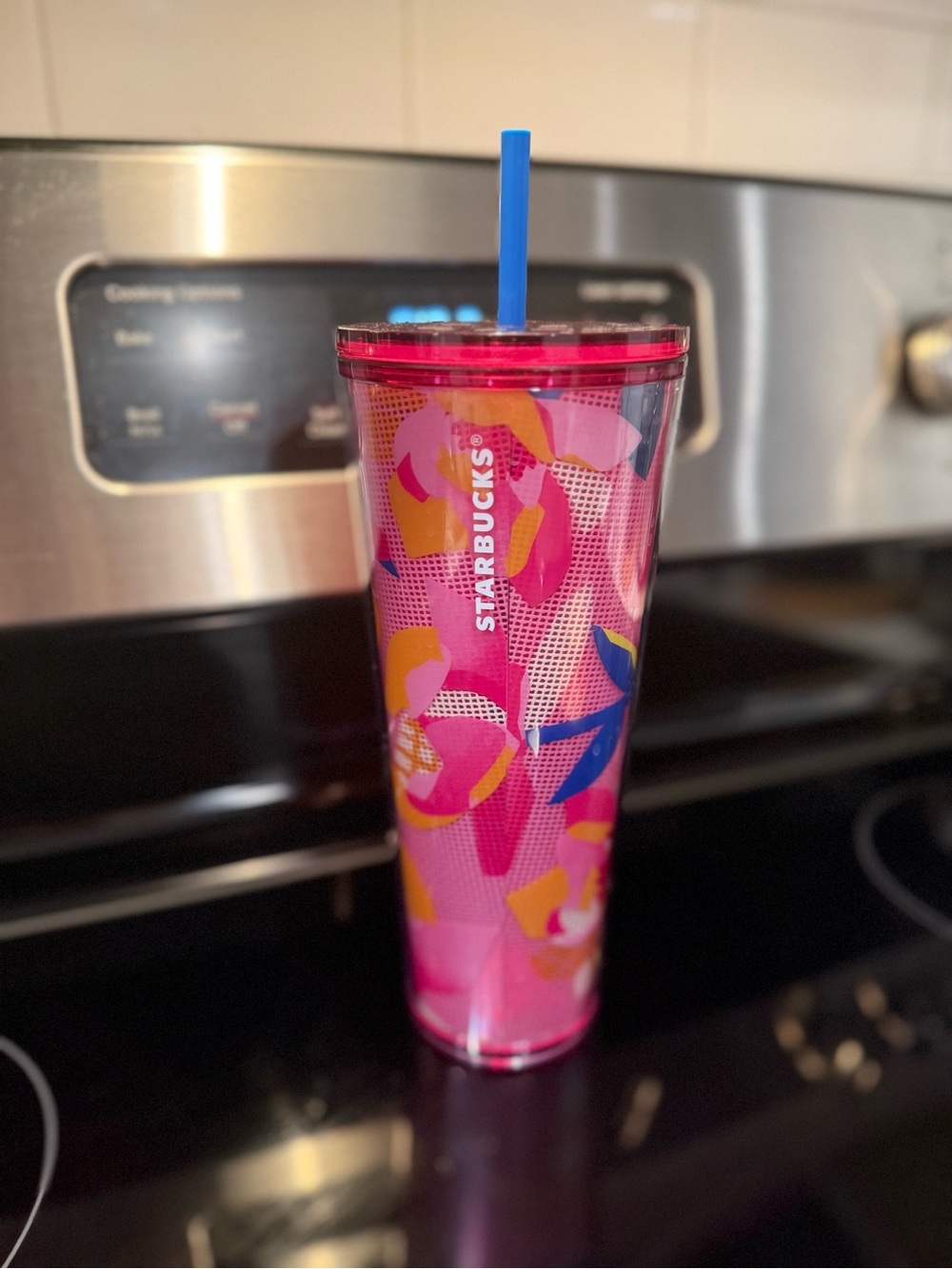 Starbucks Pink Floral Tumbler with Blue Straw and Yellow Accents